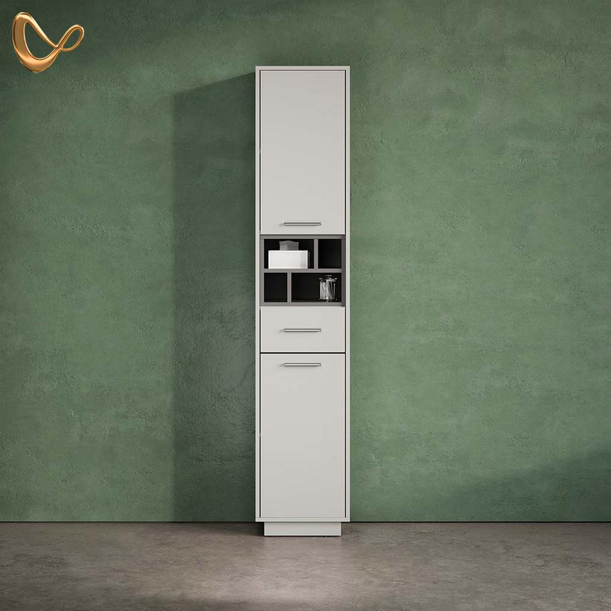 BADSCHRANK Temo Grau/Anthrazit 38 x 190 cm mit Türen, Schublade und offenen Fächern - Anthrazit/Grau, Holzwerkstoff (38/190/30cm) - Livinity®