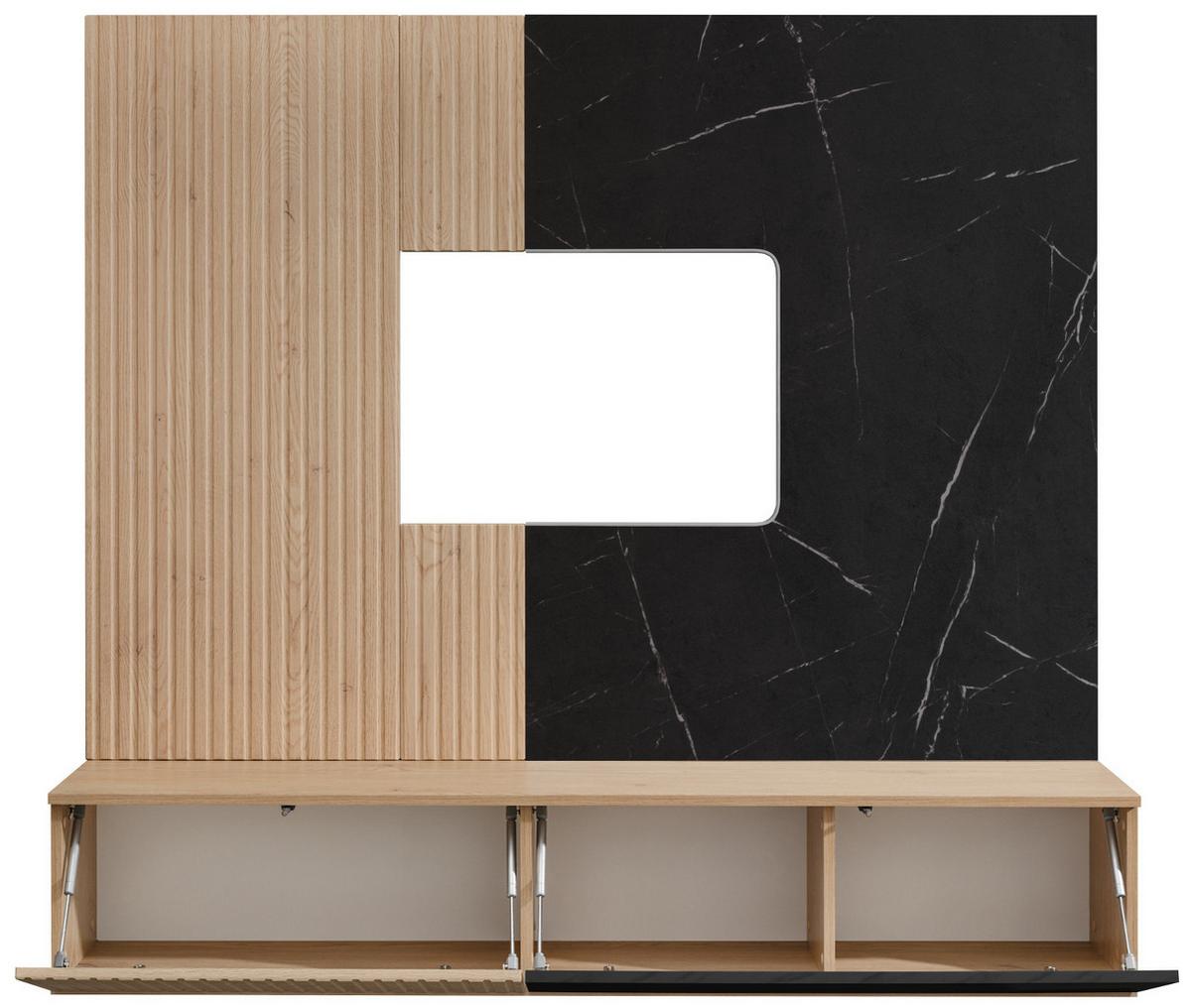 TV-LOWBOARD Cremona Eiche, Marmor schwarz 160 cm hängend, TV Unterschrank Set mit Wandpaneel - Eichefarben/Schwarz, Holzwerkstoff (160/148/35cm) - Inn.Furn