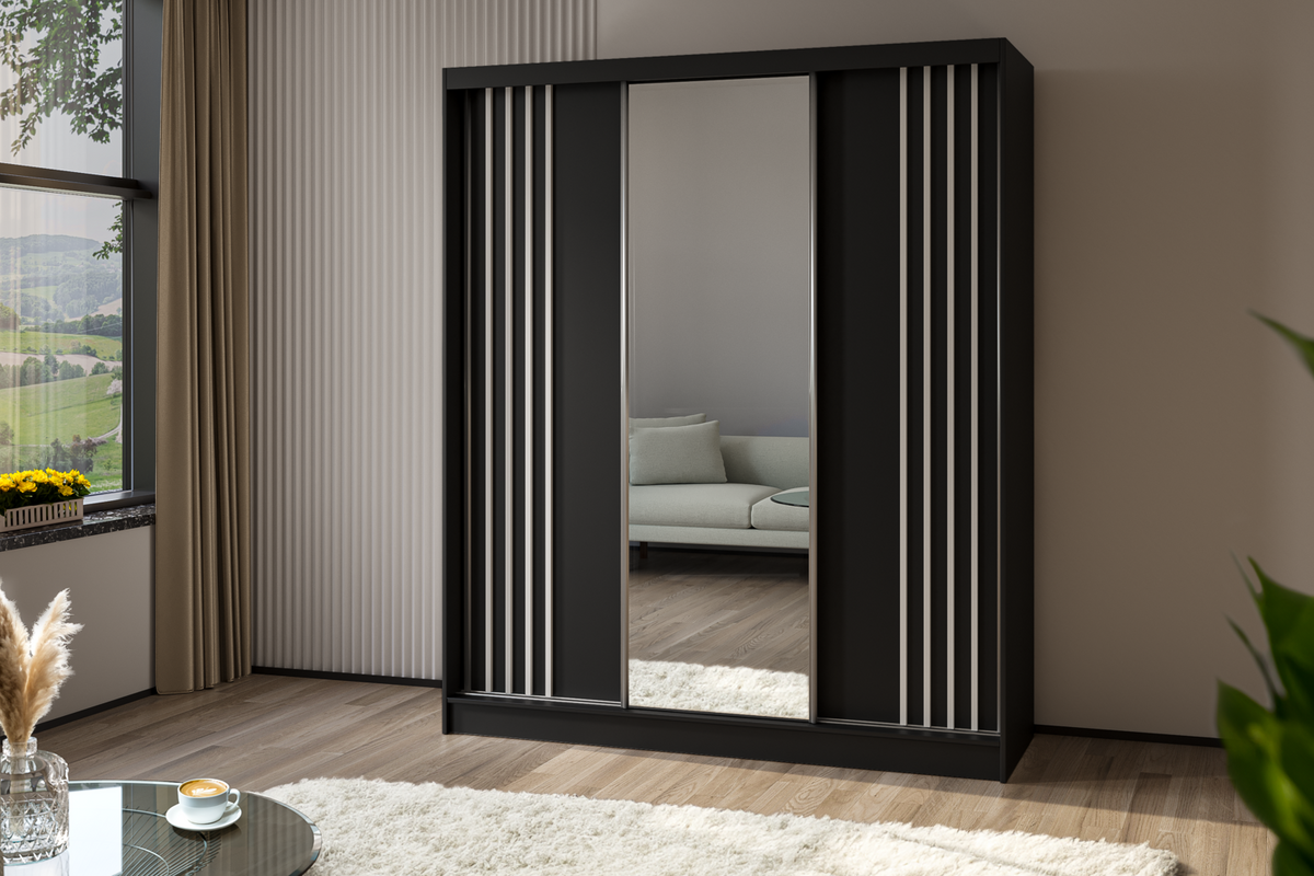 KLEIDERSCHRANK mit Spiegel-Schiebetüren und Aluminium-Leisten - NALLA - 180 cm Schwarz+Schwarz+Weiß - Schwarz/Weiß, Holzwerkstoff (180/216/61cm) - ALTDECOR