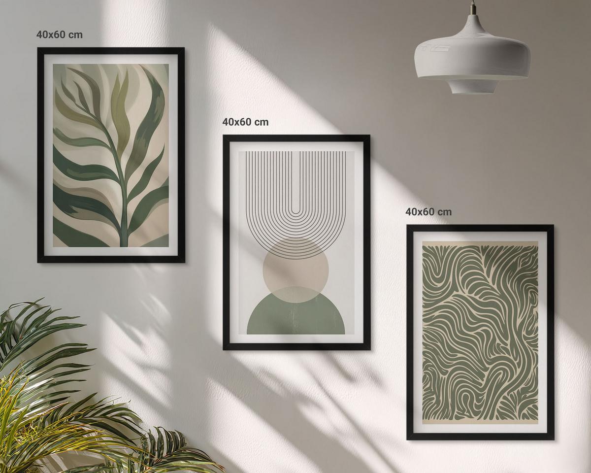 BILDER SET 3er Set - 40x60 cm Schwarzer Rahmen - Geometrische Blattformen - Schwarz, Kunststoff (40/60cm) - TULUP