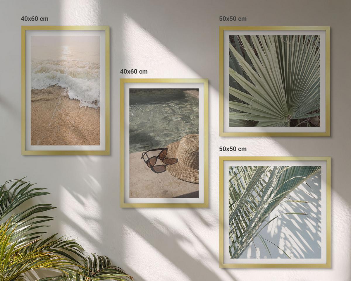 BILDER SET 4er Set - 50x50 cm & 40x60 cm Goldrahmen - Strandhut und Sonnenbrille - Goldfarben, Kunststoff (50/50cm) - TULUP