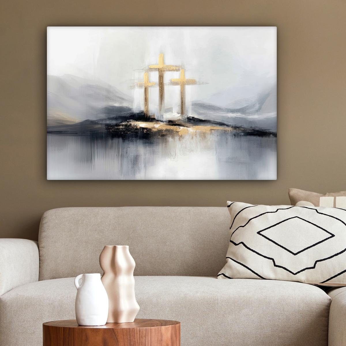 LEINWANDBILD Abstrakt - Malerei - Christentum - Kreuz Gemälde 60x40 cm - Weiß, Textil (60/40cm) - MuchoWow