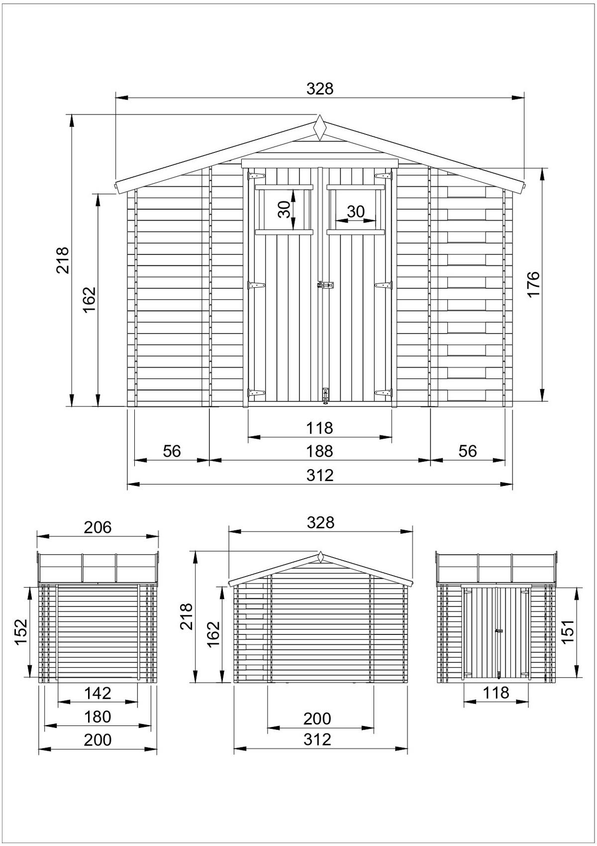 HOLZHAUS GARTENHAUS mit Brennholzschuppen M389+M389G - mit imprägniertem Boden- 3,53 + 0,97 + 0,97 m2 - Beige, Holz (328/218/206cm) - Timbela