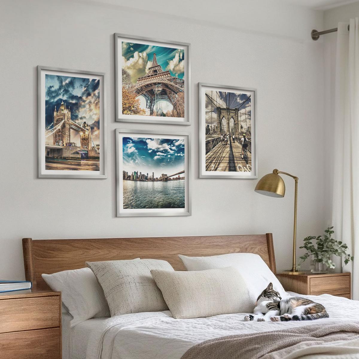 BILDER SET 4er Set - 50x50 cm & 40x60 cm Silberner Rahmen - Turmbrücken in europäischen Städten - Silberfarben, Kunststoff (50/50cm) - TULUP