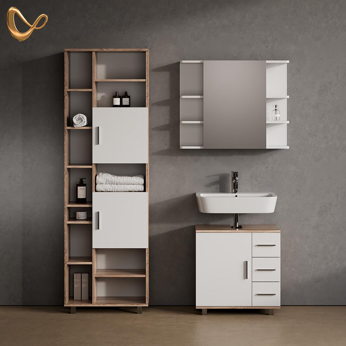 BADMÖBEL-SET Eisak Sonoma 3 Teile, mit Hochschrank - Sonoma Eiche, Holzwerkstoff (60/60/33cm) - Livinity®