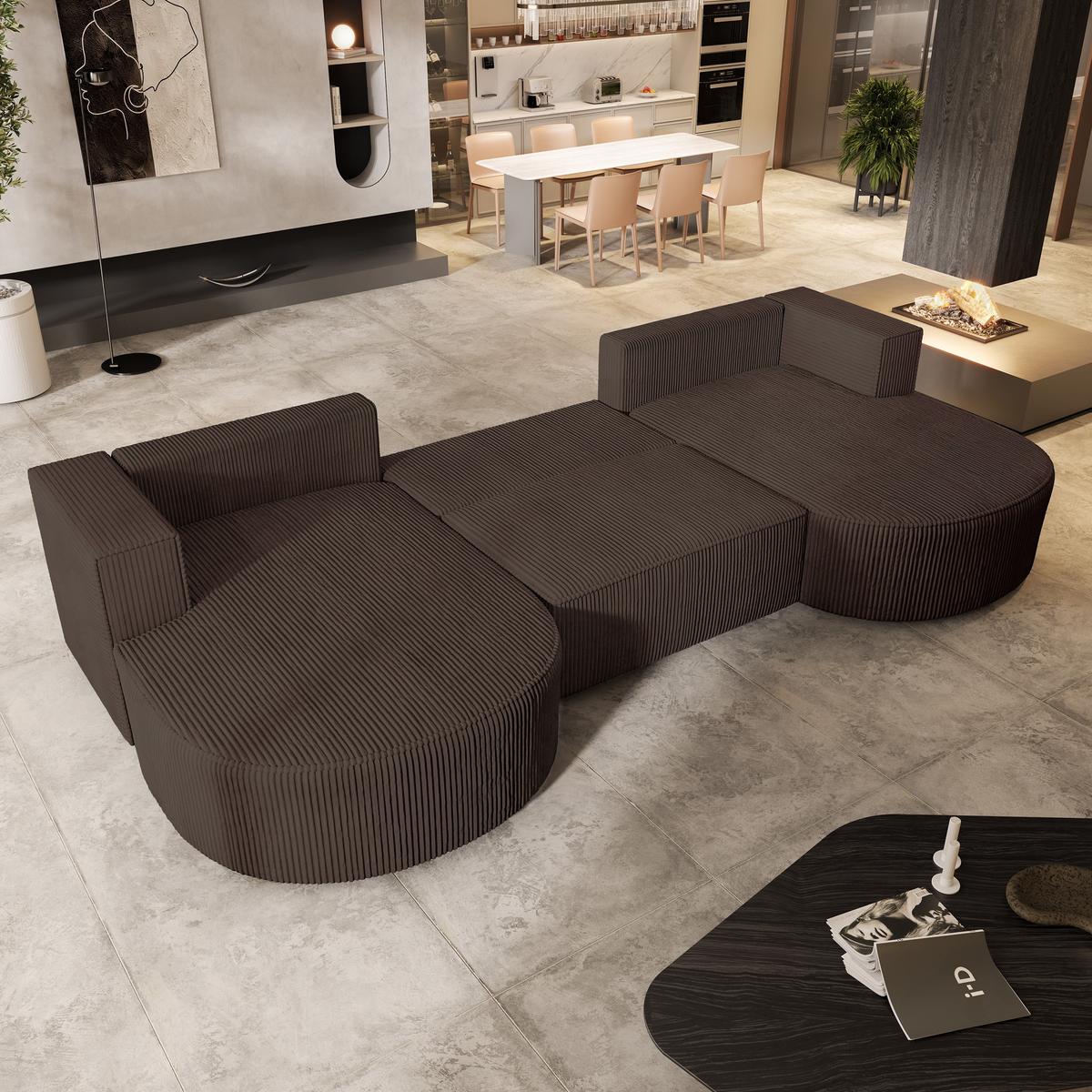 WOHNLANDSCHAFT VEZZO P Braun Kordstoff mit Schlaffunktion - Braun/Grau, Holz/Kunststoff (347/85/174cm) - MASSENO