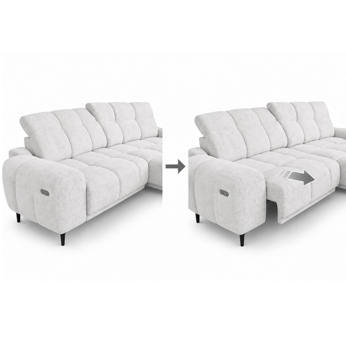 ECKSOFA Marco Mini mit elektrisch ausfahrbarem Sitz und verstellbaren Kopfstützen, Links, Chenille-Stoff, Hellgrau - Hellgrau/Schwarz, Textil (275/182cm) - Beautysofa