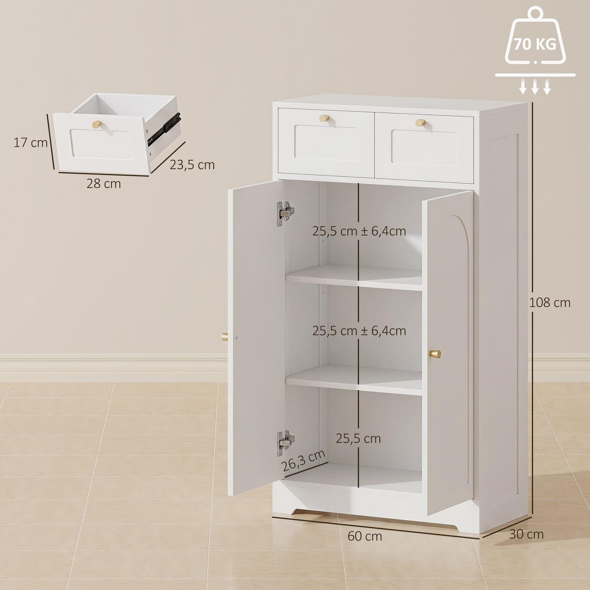 BADEZIMMERSCHRANK Spanplatte MDF Weiß - Goldfarben/Weiß, Holzwerkstoff/Metall (30/108/60cm) - HOMCOM