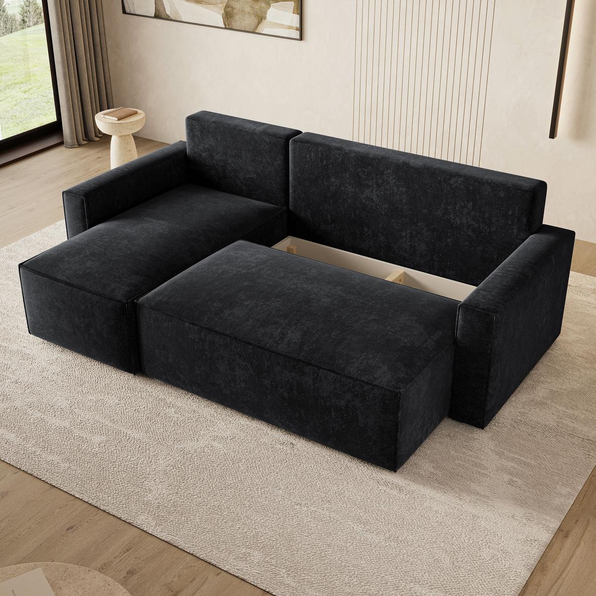 ECKSOFA POTARO LM Schwarz Chenille mit Schlaffunktion - Schwarz, Holzwerkstoff/Textil (232/140cm) - MASSENO