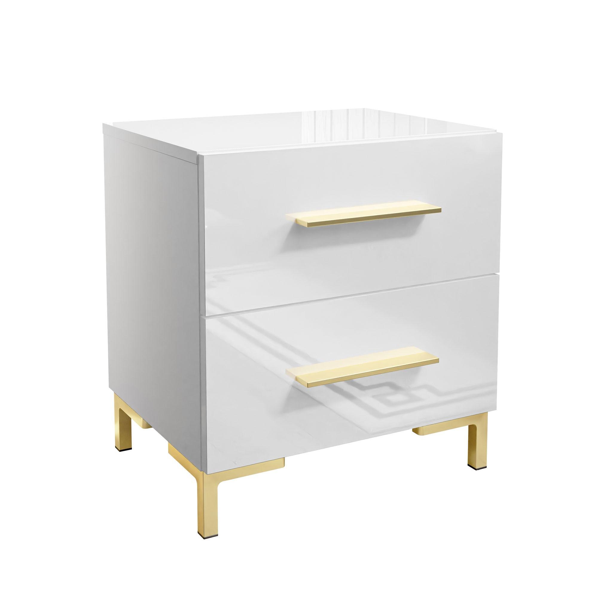 NACHTTISCH LINA LUX mit Griffen und Beinen, Hochglanzplatte – Beinfarbe: Gold - Weiß, Holzwerkstoff (45/50/38.5cm) - Lookway