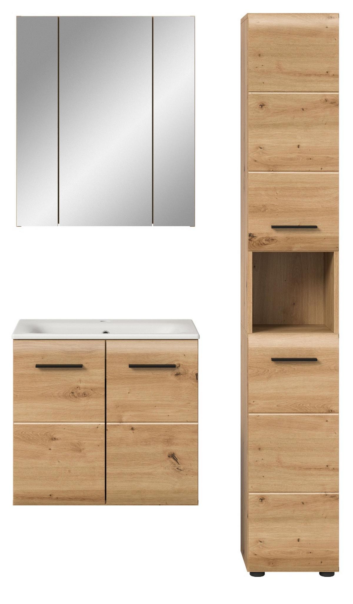 BADMÖBEL-SET 3-teilig Eiche Artisan, Badkombination 105 cm Komplett-Set mit Waschbecken - Schwarz/Eiche Artisan, Glas/Keramik (105/185/46cm) - Inn.Furn