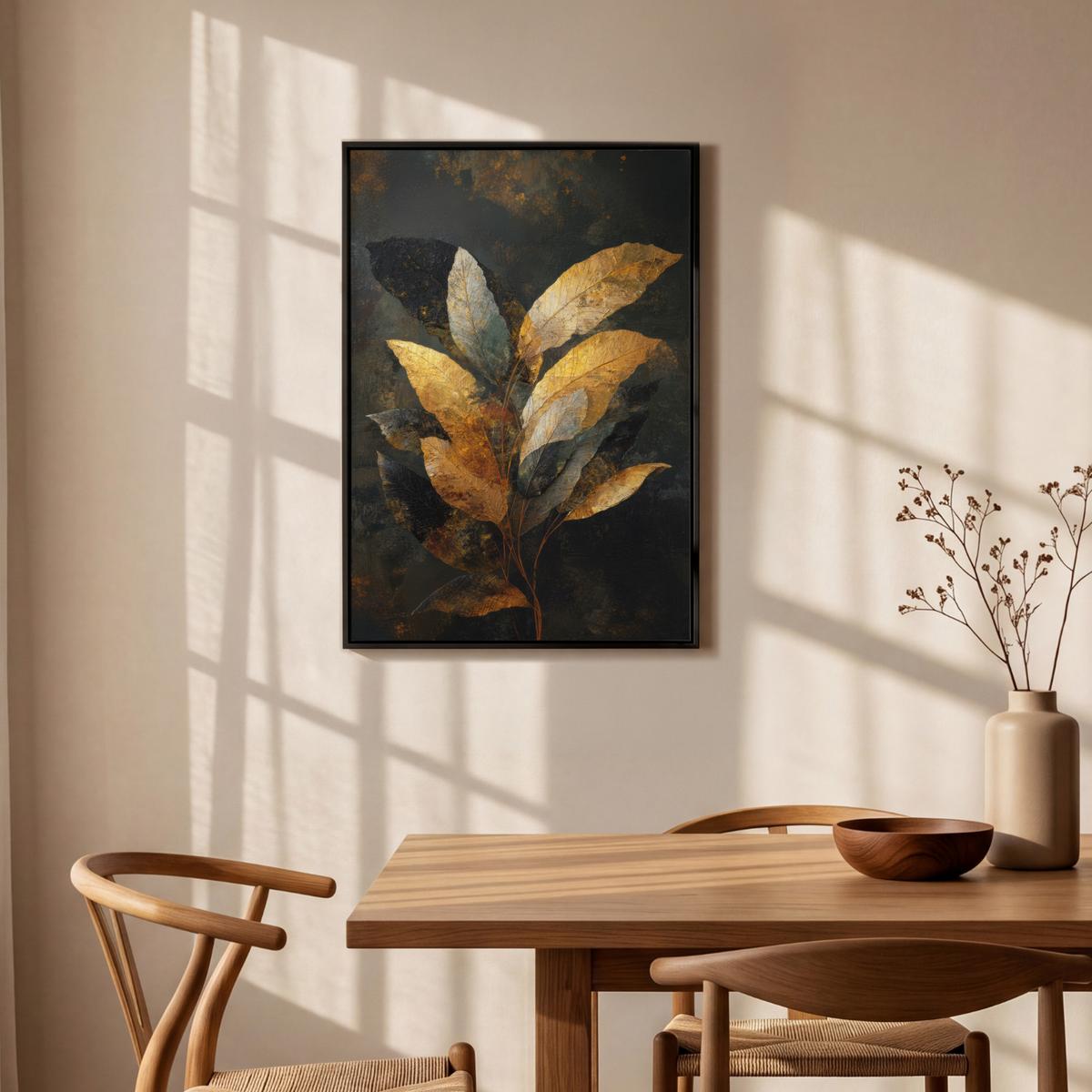 LEINWAND Bilder mit Rahmen - Golden Leaf Komposition - Botanical Luxury - 60x90 - Goldfarben, Textil (60/90cm) - MuchoWow