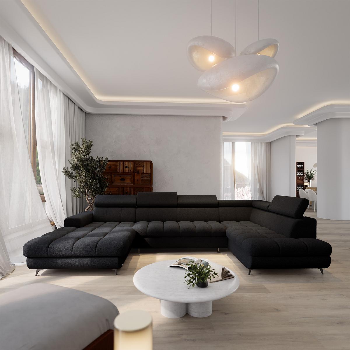 WOHNLANDSCHAFT CORENO Schwarz Boucle-Stoff mit Schlaffunktion - Schwarz, Holz (345/88/190cm) - MASSENO