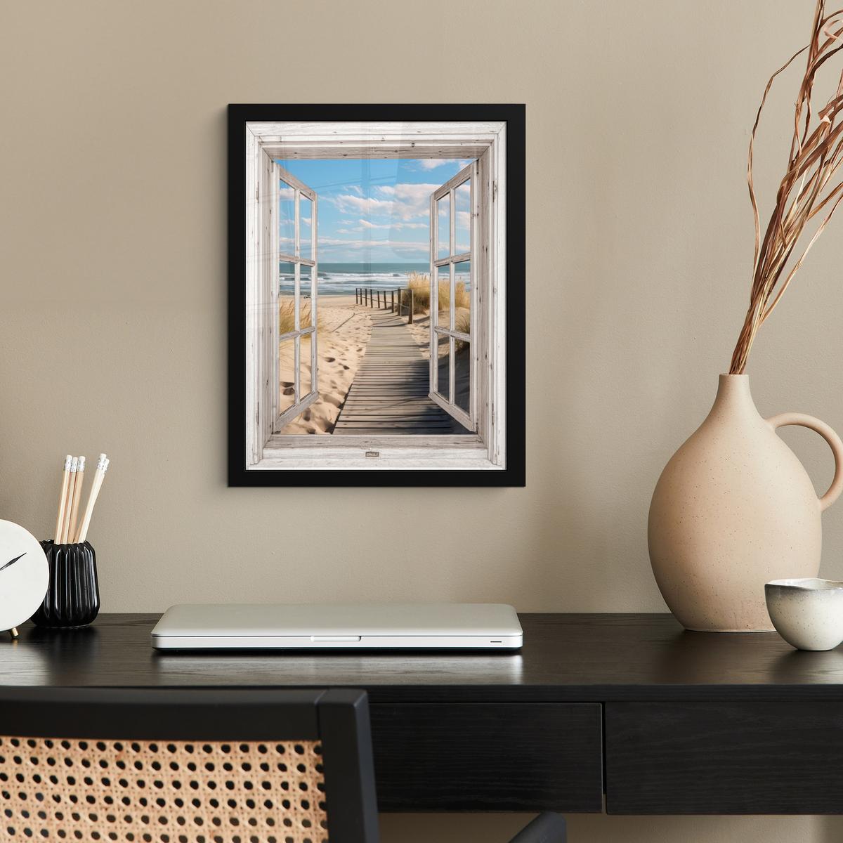 POSTER MIT RAHMEN Fenster - Meer - Küste - Natur - Ausblick - Strand - Wattenmeer Bilderrahmen 30x40 cm - Beige, Papier (30/40cm) - MuchoWow