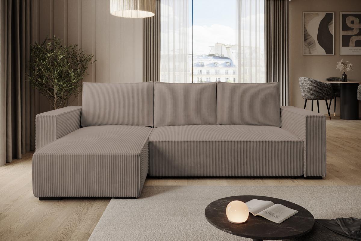 ECKSOFA CUDDY L, Eckcouch in L-Form mit Schlaffunktion und Bettkasten, Farbe: Braun, Cordstoff, Ottomane Links - Braun, Textil (240/140cm) - Storez24