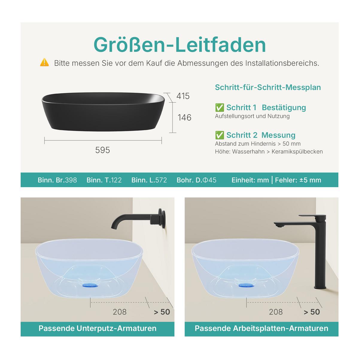 WASCHBECKEN Quadratisch R-Ecken Schwarz 60/41,5/13,5 cm - Schwarz, Keramik (59.5/13.5/41.5cm) - EMKE