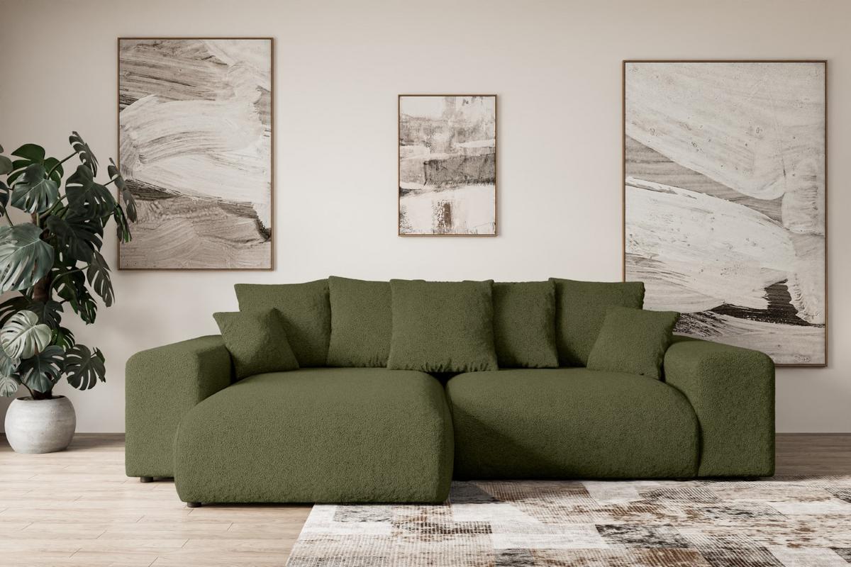 ECKSOFA Ottomane links ESKAR-L 266x176x72 Olivgrün Bouclé - Schwarz/Olivgrün, Holzwerkstoff/Kunststoff (266/176cm) - ALTDECOR