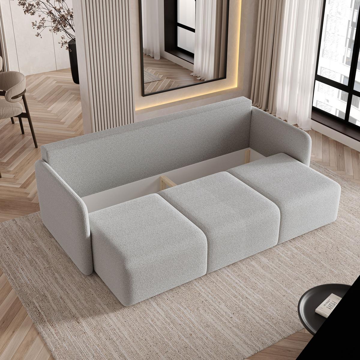 BETTSOFA SUVI III Q Hellgrau Bucle-Stoff mit Schlaffunktion - Hellgrau, Textil (220/85/90cm) - MASSENO