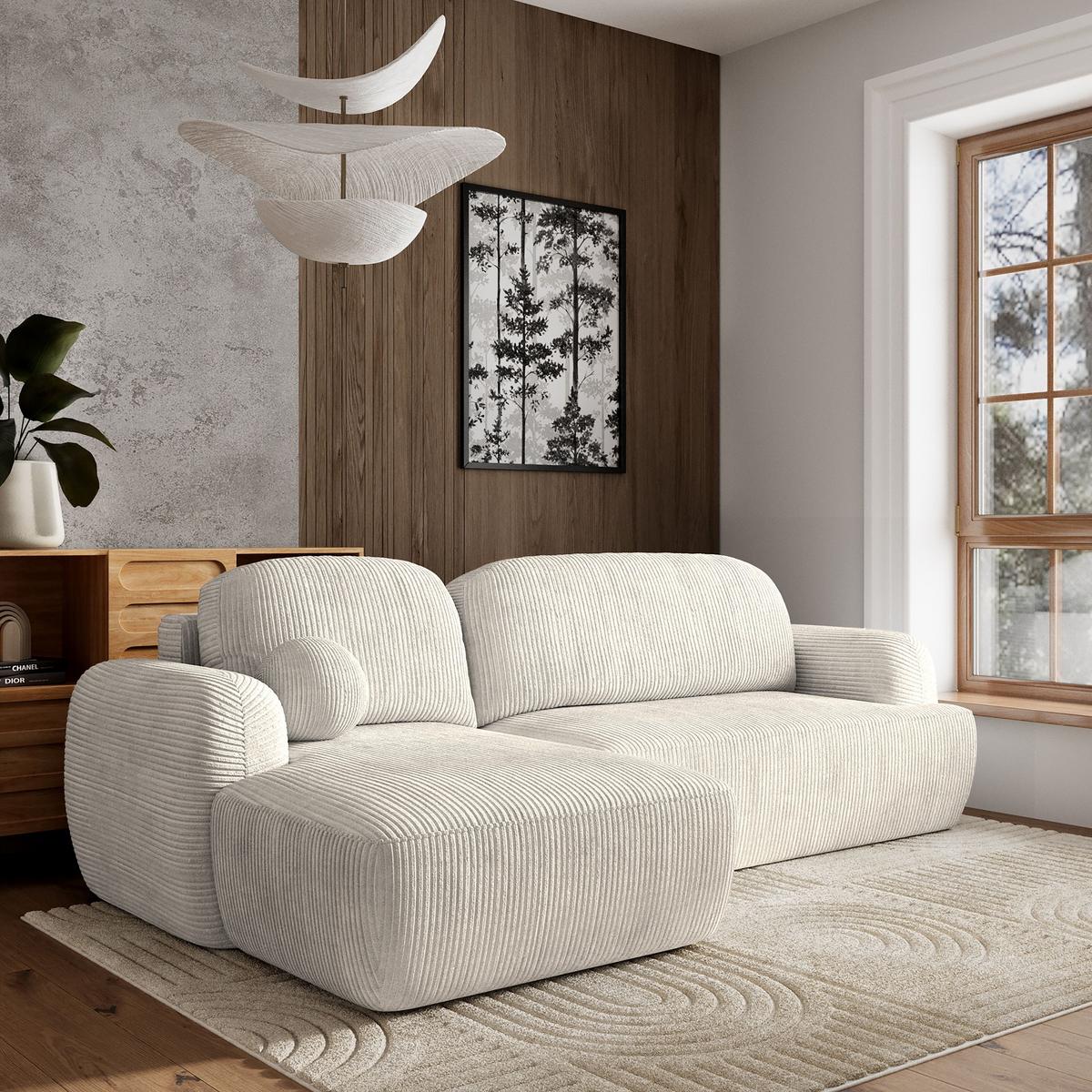 ECKSOFA MODENZA P L-S Creme Kordstoff mit Schlaffunktion - Creme/Schwarz, Holz/Kunststoff (266/148cm) - MASSENO