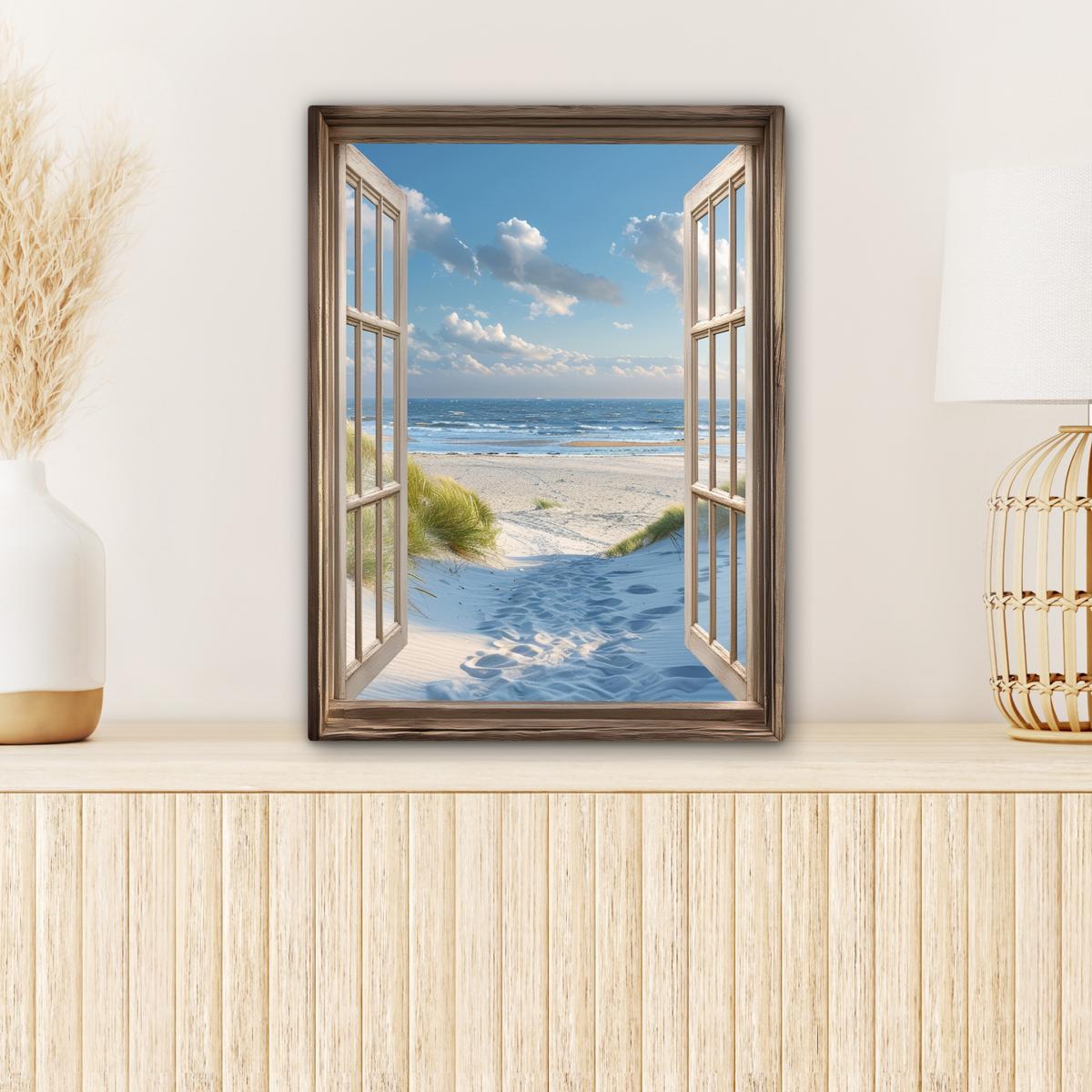 LEINWANDBILD Aussicht - Strand - Fenster - Dünen - Meer Room Decor 30x40 cm - Hellblau, Textil (30/40cm) - MuchoWow