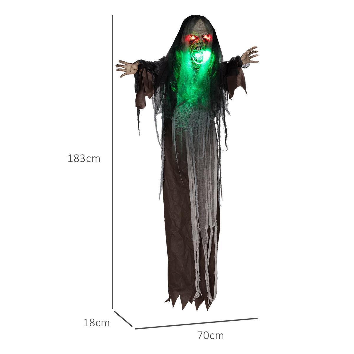 HALLOWEEN DECORATIONS 183cm Hängendes Monster mit grün LED-Lichter, Soundfunktion - Schwarz, Kunststoff (18/183/70cm) - HOMCOM