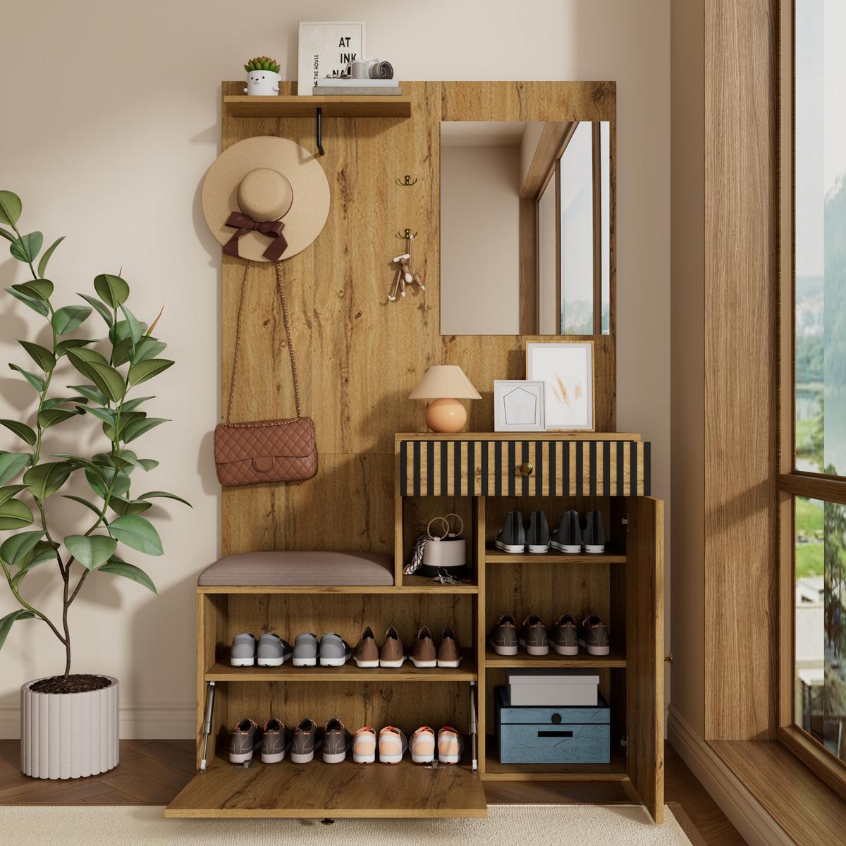 GARDEROBE FÜR FLUR - kombischrank mit Spiegel, Sitzbank und Stauraum - Sonoma Eiche, Glas/Holzwerkstoff (110/186/37cm) - Urban Meuble