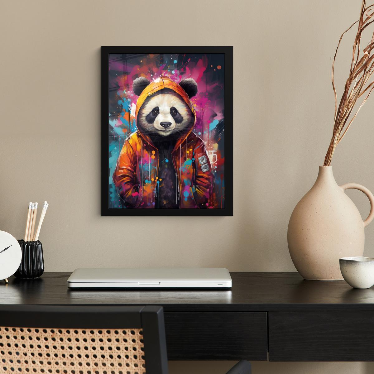 POSTER MIT RAHMENGERAHMTES BILD Panda - Jacke - Graffiti - Orange Bilderrahmen 30x40 cm - Orange, Papier (30/40cm) - MuchoWow