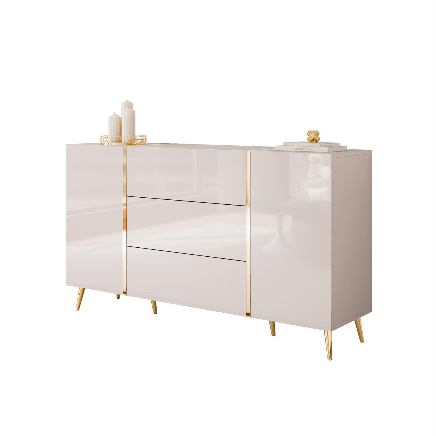 SIDEBOARD mit Schubladen ONYX Kaschmir auf goldenen Beinen Hochglanz - Kaschmir/Goldfarben, Holzwerkstoff (158/88/41.3cm) - Lookway