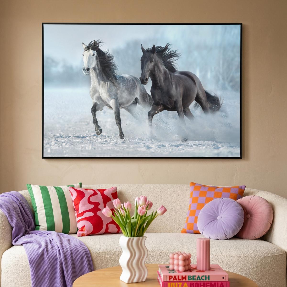 LEINWAND Bilder mit Rahmen - Pferde - Winter - Tiere - Natur - Schnee - 140x90 - Anthrazit, Textil (140/90cm) - MuchoWow