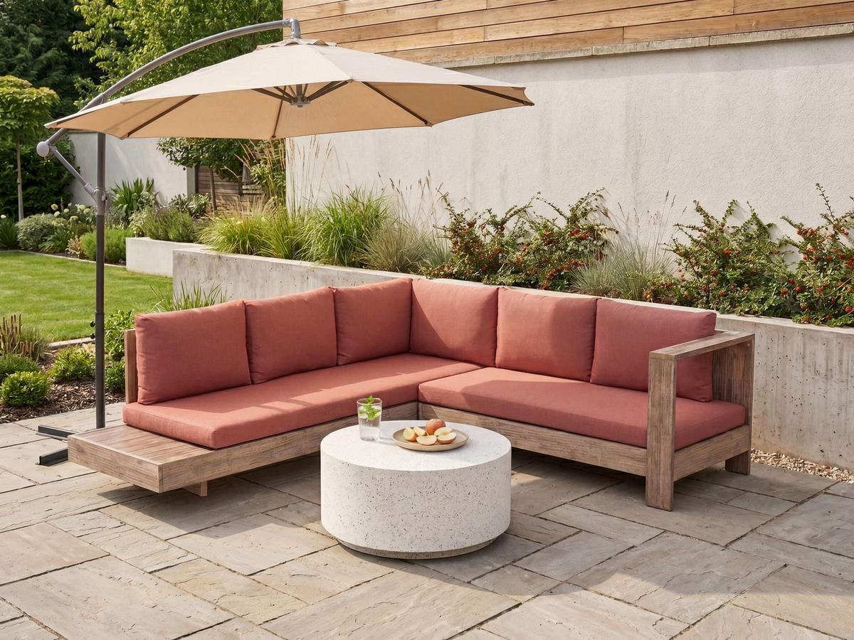 GARTENECKSOFA 5-Sitzer zertifiziertes Akazienholz linksseitig Rot Marettimo - Hellbraun/Rot, Holz (225/64/212cm) - Beliani