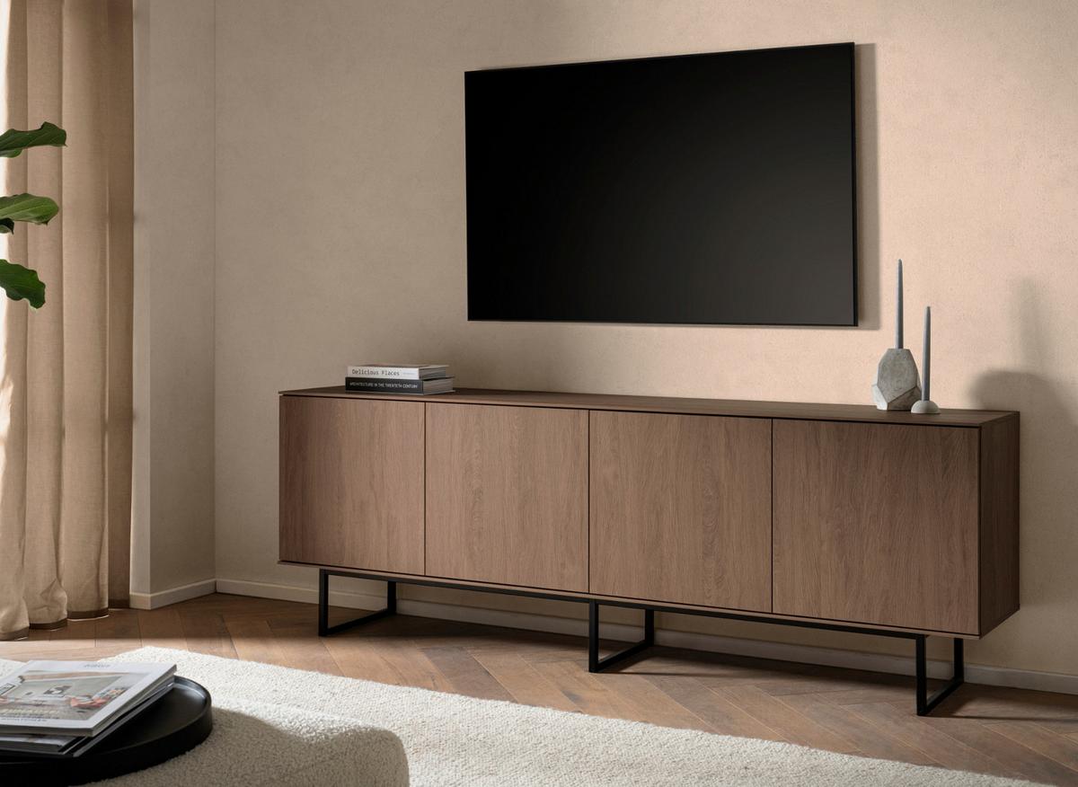 TV-LOWBOARD Nussbaum 200 x 70 cm, TV Unterteil mit Push-to-Open und Komforthöhe - Nussbaumfarben/Schwarz, Holzwerkstoff/Metall (200/70/40cm) - Furn.Design