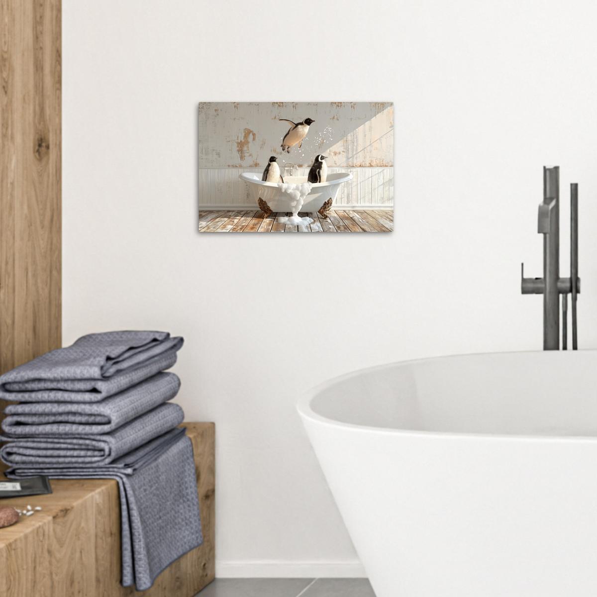 LEINWANDBILD Vintage - Pinguin - Badewanne - Schaumstoff Deko Schlafzimmer 30x20 cm - Schwarz, Textil (30/20cm) - MuchoWow
