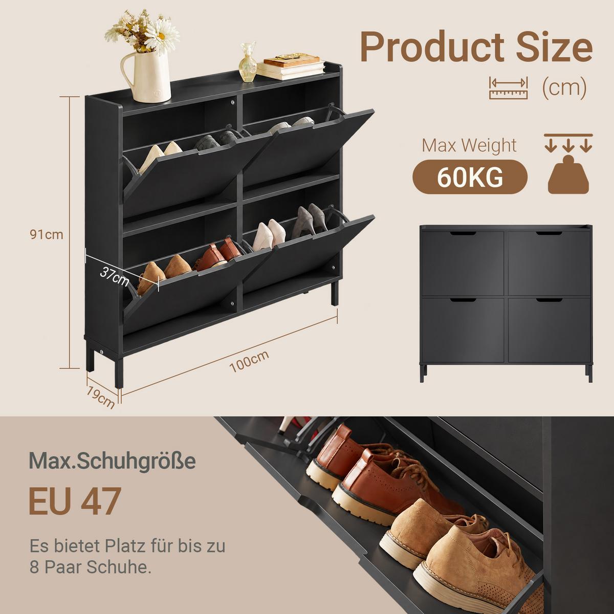 SCHUHSCHRANK schmal, nur 19 cm tief, schwarz, 4 Klappen, 8 Paar, bis EU 46, für Flur & hinter der Tür, 100x91x19 cm - Schwarz, Holzwerkstoff/Metall (100/91/19cm) - SoBuy