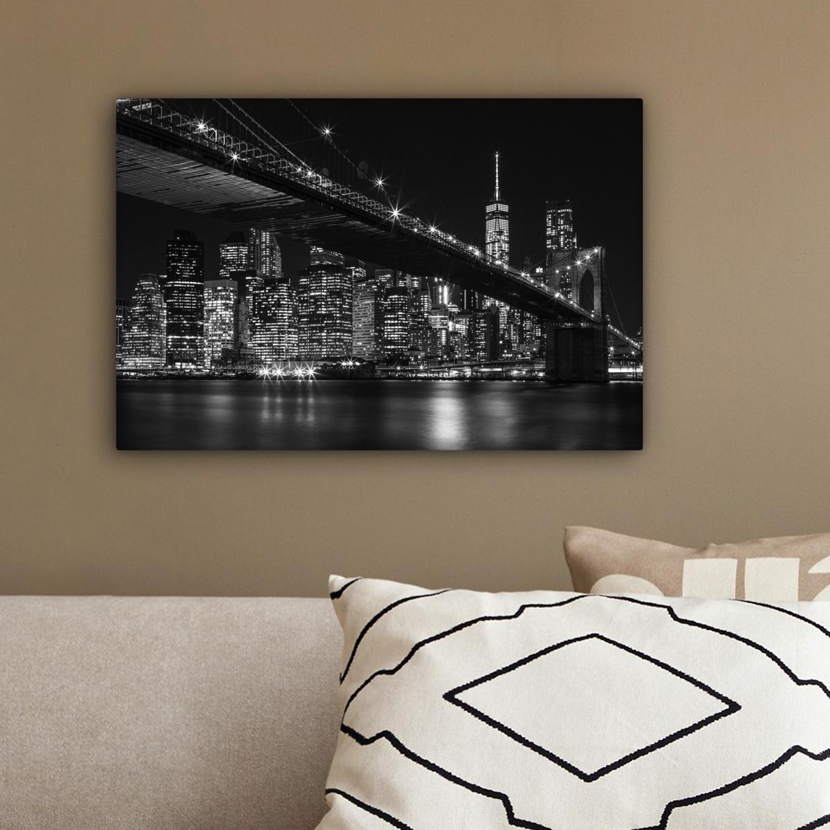 LEINWANDBILD New York - Brooklyn - Brücke Deko Schlafzimmer 30x20 cm - Schwarz, Textil (30/20cm) - MuchoWow