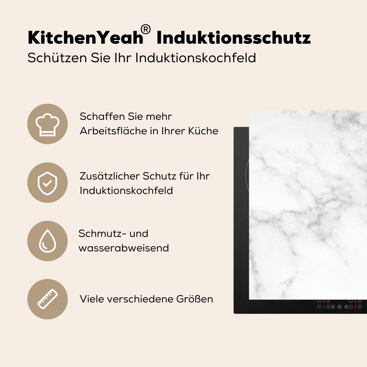 HERDABDECKPLATTE Marmor - Grau - Weiß - Strukturierter Marmor Induktionsmatte 77x59 cm - Weiß, Kunststoff (77/59/0.2cm) - MuchoWow