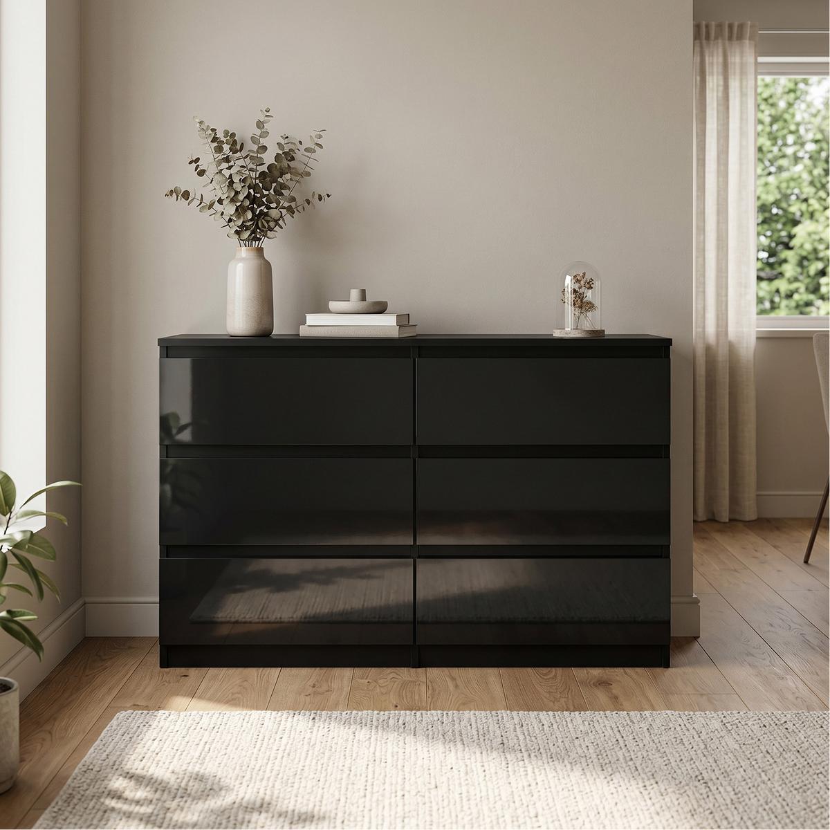 KOMMODE NUDO 120/78,5/39cm mit 6 Schubladen Türen Schwarz - Schwarz Hochglanz/Schwarz, Holzwerkstoff (120/78.5/39cm) - MASSENO
