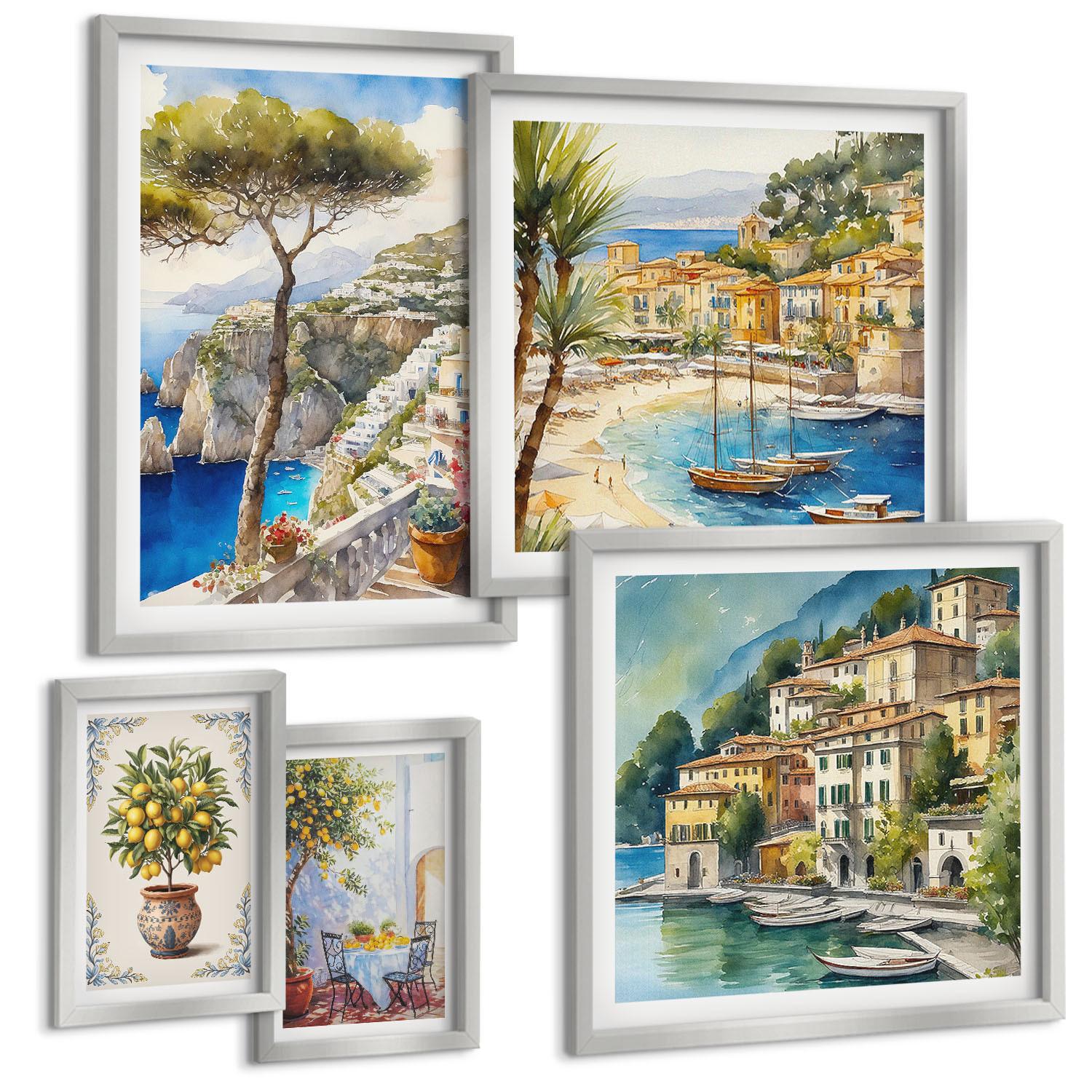 BILDER SET 5er Set - 50x50 cm & 20x30 cm & 40x60 cm Silberner Rahmen - Monochromatische Brückentürme - Silberfarben, Kunststoff (40/60cm) - TULUP