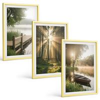 BILDER SET 3er Set - 40x60 cm Goldrahmen - See, Wald, Boot, Morgennebel - Goldfarben, Kunststoff (40/60cm) - TULUP