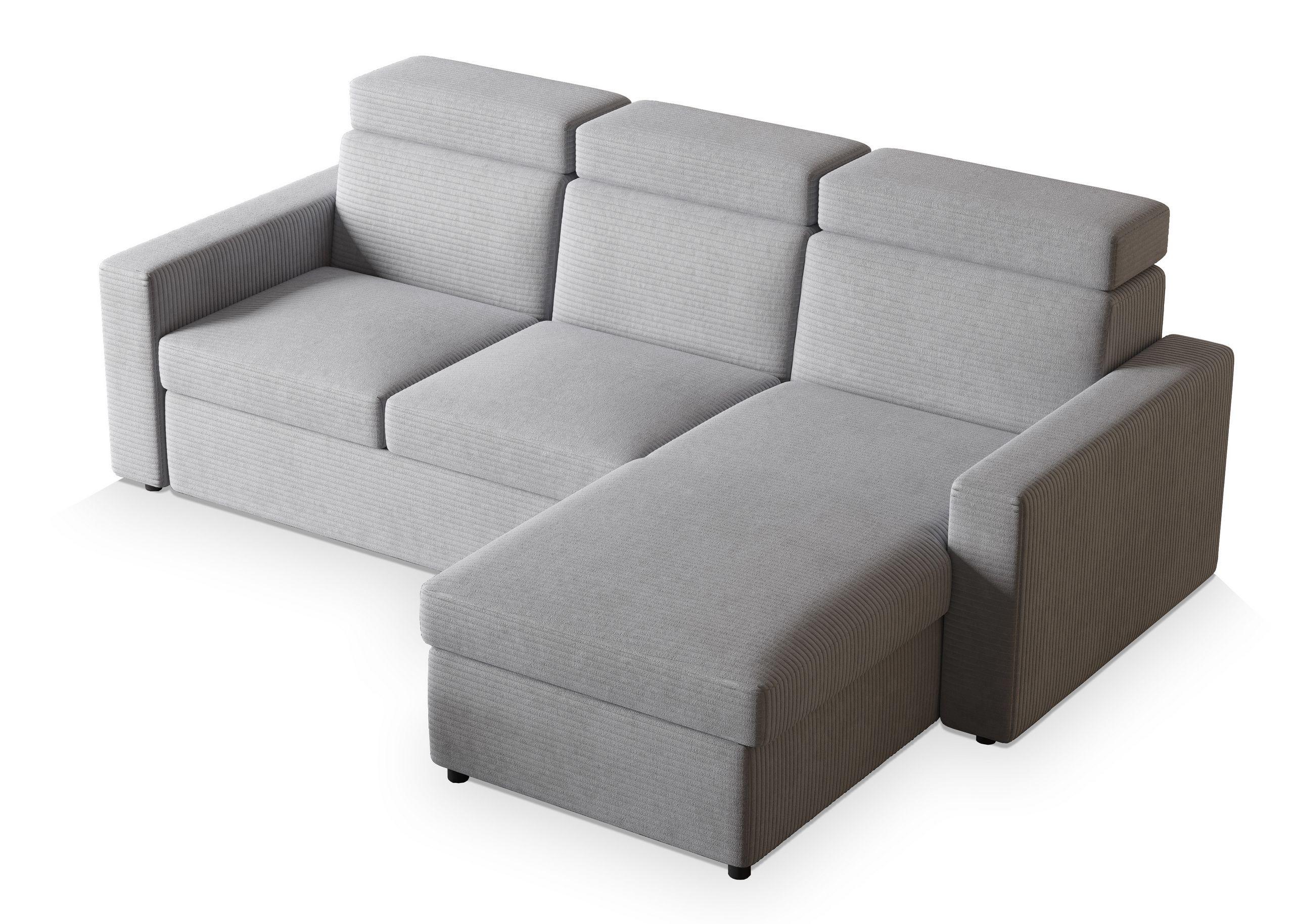 ECKSOFA PADWA Hellgrau Kordstoff mit Schlaffunktion - Hellgrau/Schwarz, Holz/Kunststoff (227/168cm) - MASSENO