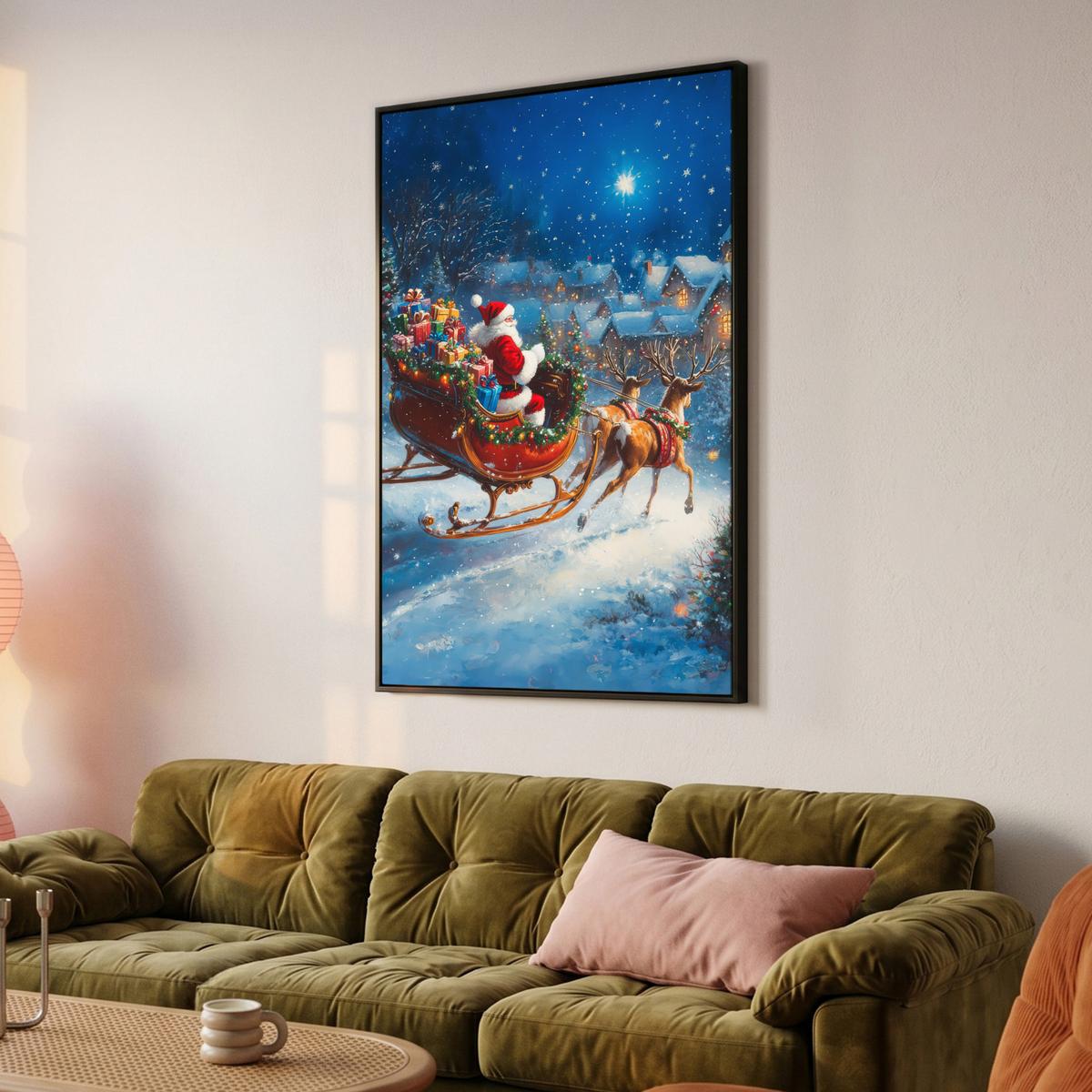 LEINWAND Bilder mit Rahmen - Weihnachtsmann - Rentier - Weihnachten - Schnee - 80x120 - Cognac, Textil (80/120cm) - MuchoWow