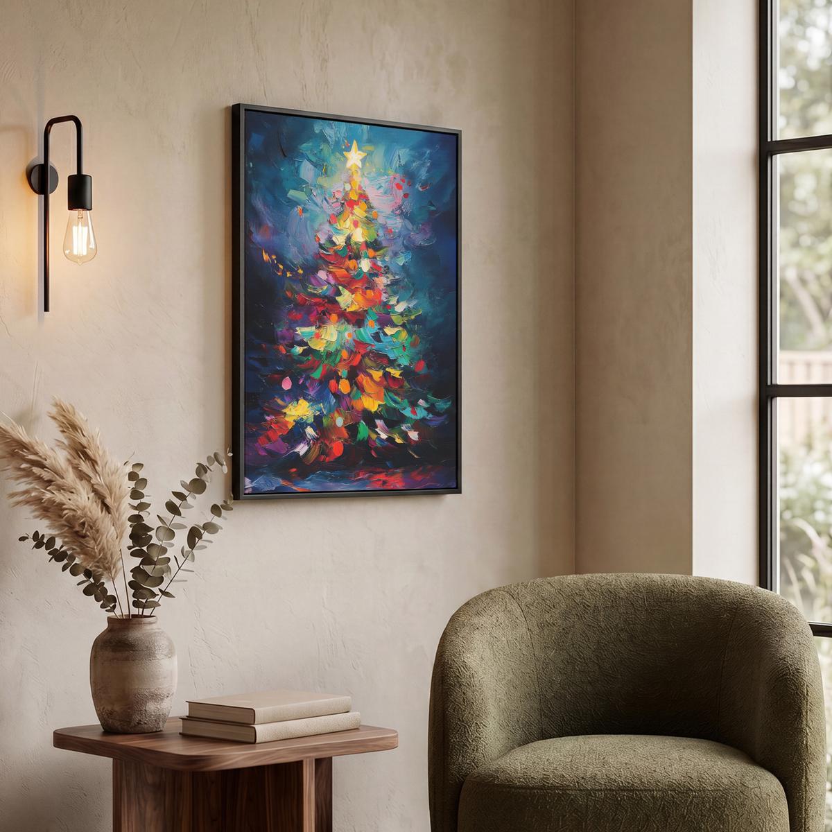 LEINWAND Bilder mit Rahmen - Weihnachtsbaum - Weihnachten - Abstrakt - Farbenfroh - 60x80 - Multicolor, Textil (60/80cm) - MuchoWow