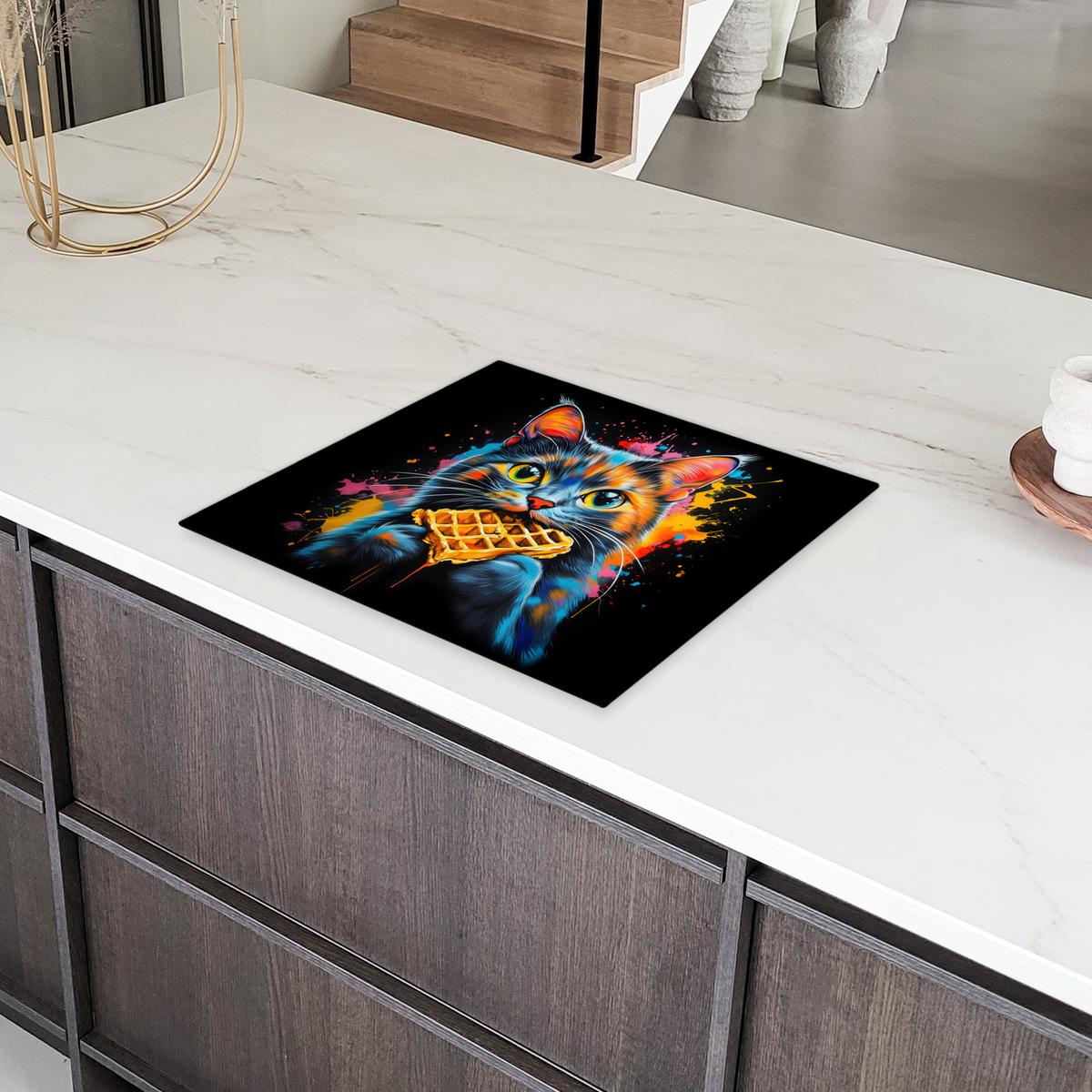 HERDABDECKPLATTE Katze - Graffiti - Bunt - Waffel - Essen Abdeckung Ceranfeld 59x51 cm - Multicolor, Kunststoff (59/51/0.2cm) - MuchoWow