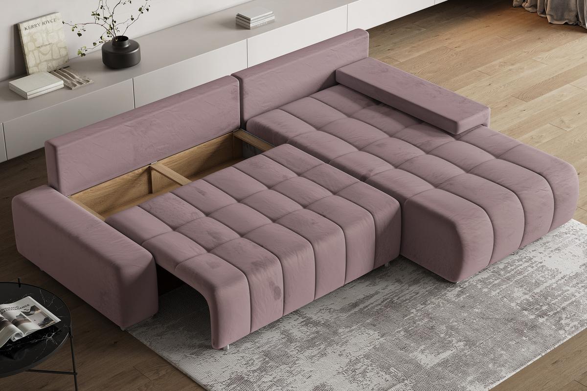 ECKSOFA ALESE R-S Lila Velours-Stoff mit Schlaffunktion - Lila/Silberfarben, Holz/Textil (265/185cm) - MASSENO