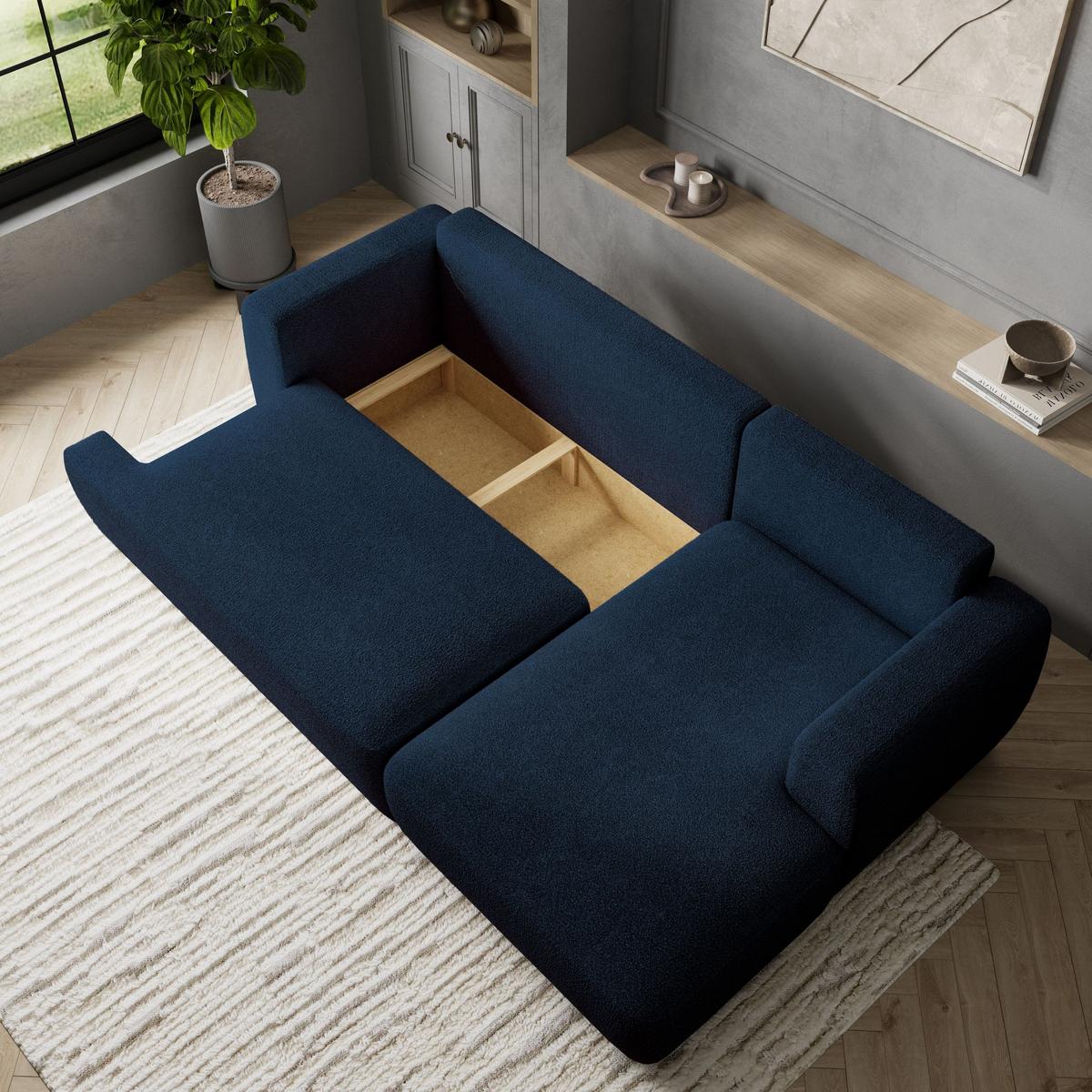 ECKSOFA SENTI N R-S Blau Boucle-Stoff mit Schlaffunktion - Blau/Schwarz, Holz/Kunststoff (246/148cm) - MASSENO