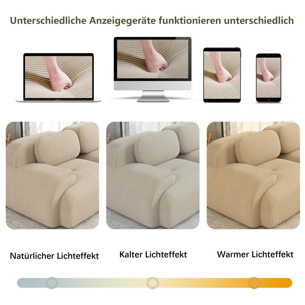 ECKSOFA Modulares Boneless Cord Sofa 2-Sitzer - Beige, Textil (208/178cm) - Urban Meuble