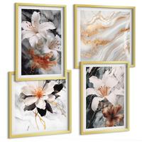 BILDER SET 4er Set - 50x50 cm & 40x60 cm Goldrahmen - Blumen Marmor weiß schwarz - Goldfarben, Kunststoff (50/50cm) - TULUP