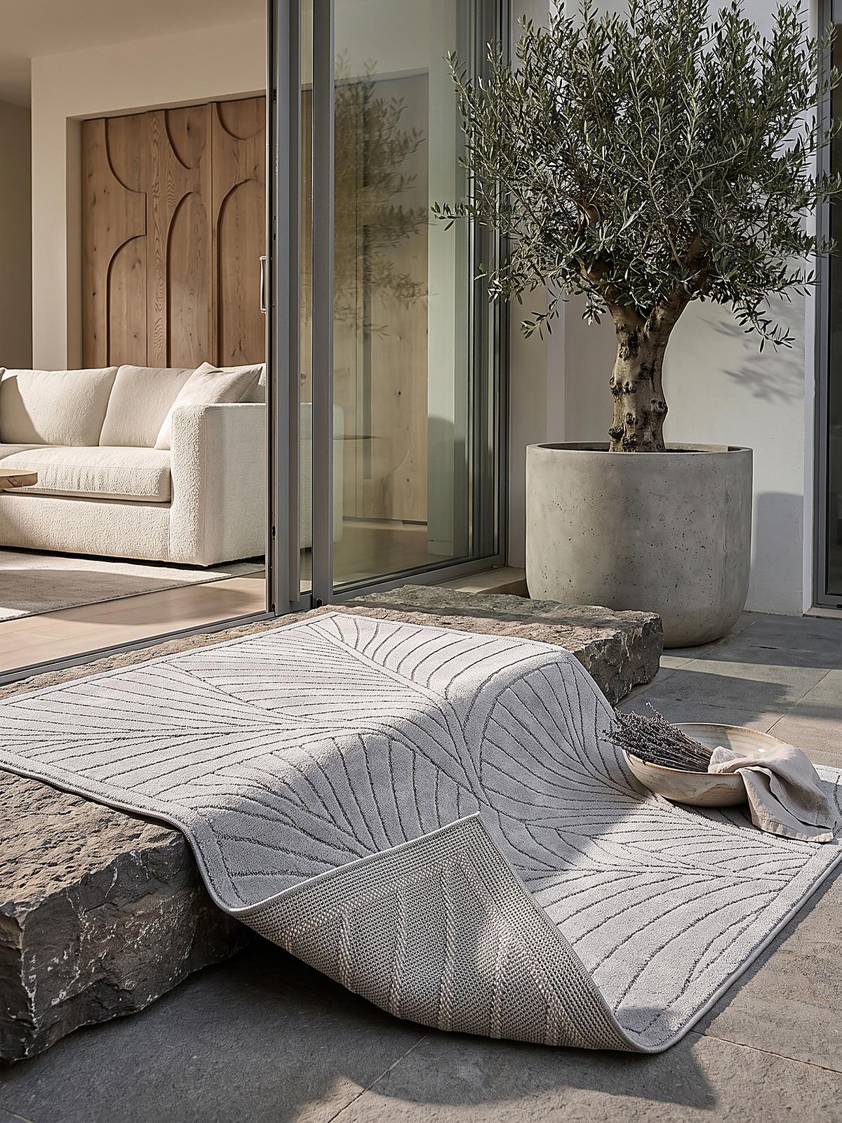 TEPPICH Outdoor, Fußbodenheizung-geeignet, mit Blattmotiv, ENGADIN in Silbergrau, 120 x 170 cm - Grau, Textil (120/170cm) - KADIMA DESIGN