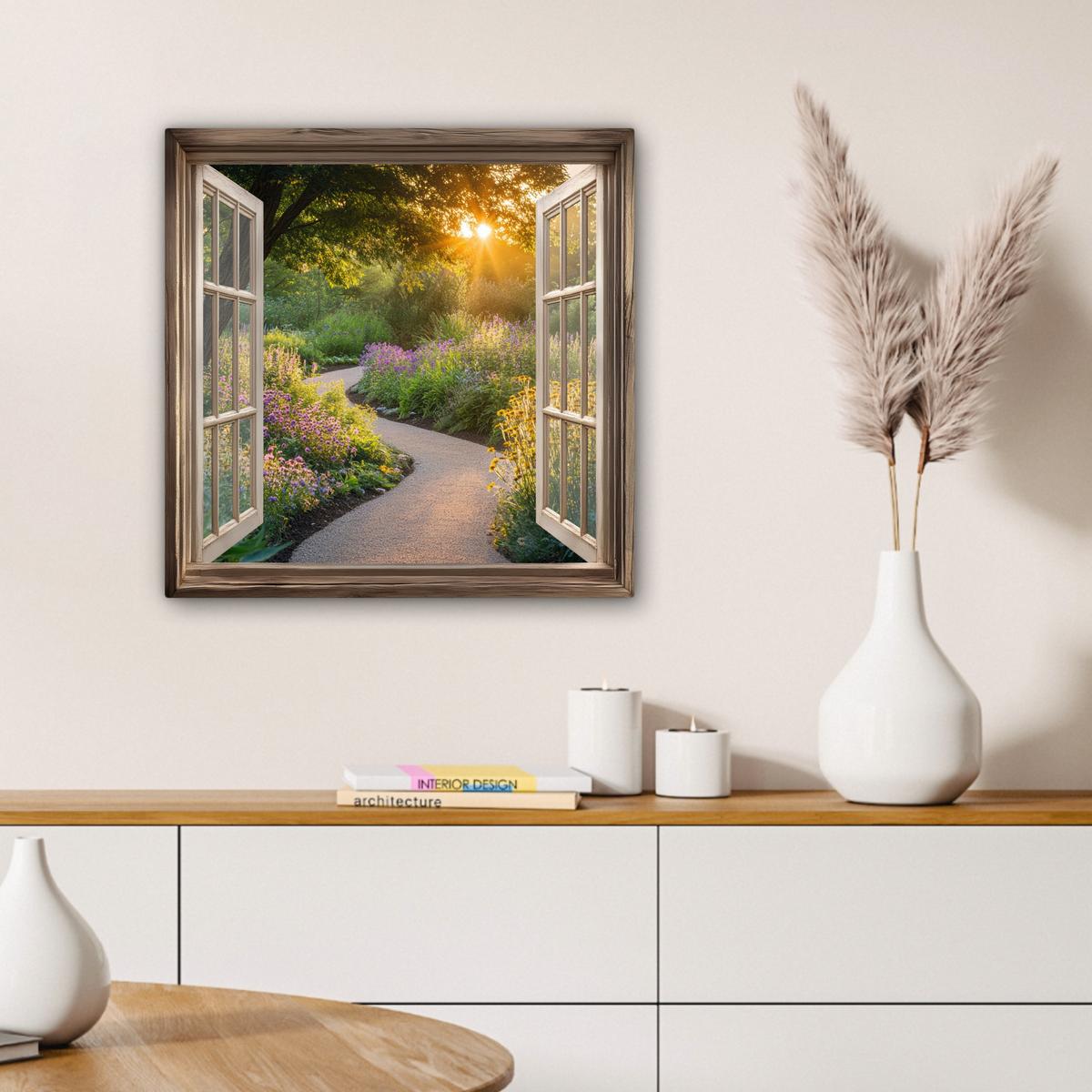 LEINWANDBILD Aussicht - Blumen - Natur - Sonne - Weg Wandbild Wohnzimmer 50x50 cm - Hellgelb, Textil (50/50cm) - MuchoWow