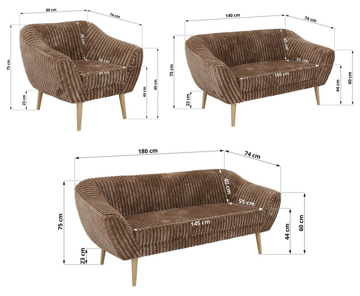 SITZGARNITUR PIRS 3+2+1 - Braun Cord - Holzbeine - Buchefarben/Braun, Holzwerkstoff/Textil (180/75/74cm) - MKS