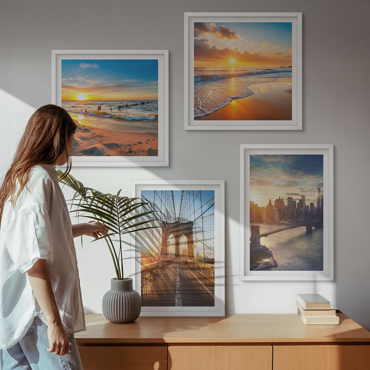 BILDER SET 4er Set - 50x50 cm & 40x60 cm Weißer Rahmen - Brücken, Sonnenuntergänge, Stadt - Weiß, Kunststoff (50/50cm) - TULUP